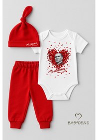 Resim Babyden's Atatürk Temalı Kısa Kollu 3 Lü Yenidoğan Bebek Takımı Body + Pantolon + Bere Kırmızı-beyaz Pamuklu Kırmızı - Beyaz 
