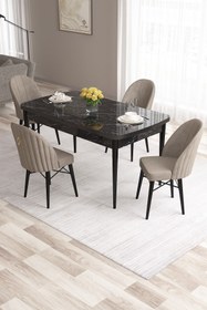 Resim Canisa Roz Serisi,80x132 Mdf Açılabilir Siyah Mermer Desen Yemek Masası 4 Cappucino Sandalye Gold Halkalı 