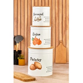 Resim 3 Katlı Ahşap Kapaklı Metal Patates Soğan Kovası - Sebzelik - Patates Soğanlık Sepeti Krem 