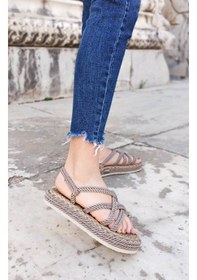 Resim Gdt Ayakkabı Vizon Renk Kalın Taban Halatlı Kadın Sandalet 001 