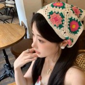 Resim 1 adet Bohemian Tarzı Polyester Çiçek Desenli Üçgen Bağcık - Kadınlar Yaz Fransız Perdesi Başlık, Renk Eşleştirmeli Baskı, Vintage Pastoral Tasarım, Saç Aksesuarı için Fotoğraf Çekimi, Tek Parça 