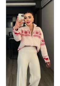 Resim Geyik İşlemeli Fermuarlı Yılbaşı Hırkası Krem 