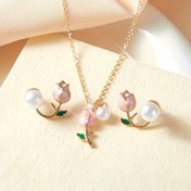 Resim 2 Adet Minimalist Pembe Lale Düğün Sezonu Tatlı Küpe ve Kolye Seti 