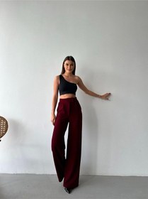 Resim Plenty Kadin Bordo Fermuar Ve Çirt Çirt Kapamali Palazzo Kumaş Pantolon Bordo 