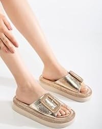 Resim Kadın Taşlı Dolgu Topuk Terlik Gold Taban Taş Detaylı 