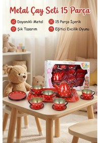 Resim Kırmızı Puantiyeli Metal Oyuncak Çay Seti 15 Parça - Eğitici Teneke Evcilik Mutfak Oyun Takımı 