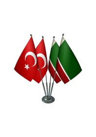 Resim Masa Üstü Çeçenistan Bayrağı Türk Bayrağı Dörtlü Krom Direk Masa 