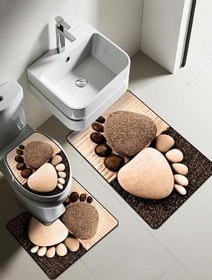 Resim Modern Desenli Dijital Baskı 3’lü Banyo Paspas Takımı Yıkanabilir Kaymaz Tabanlı Klozet Takımı KLZ0055 