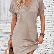 Resim 1pc Kadınlar İçin Casual V-Yaka Tunik Elbise - Katı Renk Polyester Örgü Kumaş, Kısa Kollu, İlkbahar/Yaz Yetişkin Tişört Elbise 