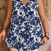 Resim Kadınlar için Şık Mavi ve Beyaz Çiçek Baskılı V-Yaka Atlet - Kolsuz, Hafif Polyester Karışımı, İlkbahar/Yaz/Sonbahar İçin Mükemmel, Günlük veya Şık Kıyafetler 