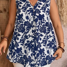 Resim Kadınlar için Şık Mavi ve Beyaz Çiçek Baskılı V-Yaka Atlet - Kolsuz, Hafif Polyester Karışımı, İlkbahar/Yaz/Sonbahar İçin Mükemmel, Günlük veya Şık Kıyafetler 