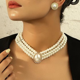 Resim Vintage Lüks Fransız Düğün Mevsimi Sahte İnci Kolye ve Küpe Seti 