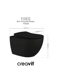 Resim Creavit Free Kanalsız Kömür Karası Asma Klozet Fe322, Creavit Free Duck Duroplast Yavaş Kapak Mat Siyah 