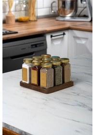Resim 9'lu Ahşap Standlı Cam Baharatlık Seti Gold Kapaklı Etiketli Baharatlık Mh01gld09 Gold - Şeffaf 
