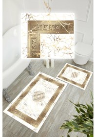 Resim Dijital Baskı Mermer Desen Kaymaz Taban 2li Set Banyo Paspası Klozet Takımı 50x60cm-60x100cm Gold 