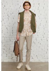 Resim AC&Co / Altınyıldız Classics Erkek Beyaz-kahve Slim Fit Dar Kesim Gizli Düğmeli Yaka %100 Pamuk Baskılı Gömlek Beyaz - Kahverengi 