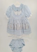 Resim Kız Bebek Mavi Çiçek İşlemeli Fistolu Elbise Kilotlu Takım-1351 Mavi 