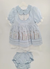 Resim Kız Bebek Mavi Çiçek İşlemeli Fistolu Elbise Kilotlu Takım-1351 Mavi 