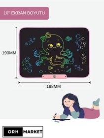 Resim Pembe 10 İnç LCD Çizim Tableti – Şarjlı, Dijital Kalemli, USB Kablolu, Renkli Ekranlı Yazı Tableti 