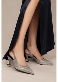 Resim Sovenso Lurezza Suni Deri Tül Detaylı Platin Sivri Burunlu Stiletto 