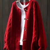 Resim Kahverengi Düğmeli Kadın Günlük Kablo-Kardigan - Sonbahar Kış Katmanlama için Rahat Fit Yuvarlak Yaka Düz Renkli Kazak, Sıcak Örgü Parça, Zamansız Örgü Giysi, Sıcak Örgü, Sonbahar Gardırop 