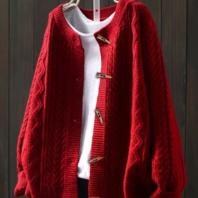 Resim Kahverengi Düğmeli Kadın Günlük Kablo-Kardigan - Sonbahar Kış Katmanlama için Rahat Fit Yuvarlak Yaka Düz Renkli Kazak, Sıcak Örgü Parça, Zamansız Örgü Giysi, Sıcak Örgü, Sonbahar Gardırop 