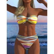 Resim Şık Kadın Bikini İki Parça Seti, Dalga Çizgili Baskı, Rahat Yüksek Elastikiyetli Kumaş, Yaz Plaj Tatilleri için Mükemmel 