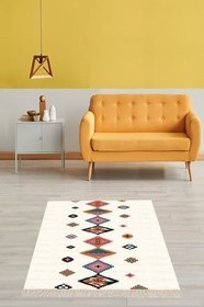 Resim Pelangi Kilim Desenli Etnik Dijital Baskı Yıkanabilir Kaymaz Taban Modern Salon Halı ve Yolluk, Bej 160 x 230, 15016023005 