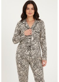 Resim Luxury Viscose Siyah Beyaz Leopar Desenli Kadın Uzun Kollu Pijama Takımı 42570 LEOPAR 