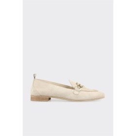 Resim Elle Bej Deri Kadın Loafer 