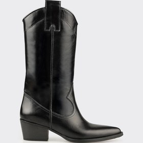 Resim Elle Siyah Deri Kadın Western Çizme 