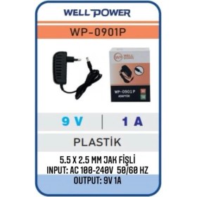 Resim Well Power 9V 1A Adaptör 9 Volt 1 Amper 5.5 x 2.5 mm Jak Fişli Plastik Kasa Wellpower WP-0901P 