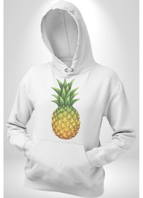 Resim Ananas Meyve Kadın Erkek Beyaz Kapüşonlu Sweatshirt Hoodie Beyaz 
