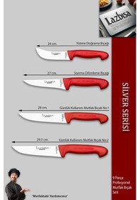 Resim Lazbisa MFP-408 Silver Pro Serisi Mutfak Bıçak Seti 9 Parça Et Ekmek Sebze Salata Börek Bıçağı Masatı Kırmızı 