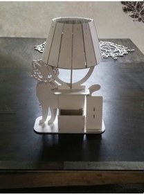 Resim Ahşap Organizerli Ve Kedi Figürlü Masa Lambası 