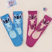 Resim Disney 1/2 Çift Stitch Elde Elde Çorap, Pembe ve Mavi Kontrastlı Orta Baldır Çorapları, Karikatür Çift Çorapları, Nefes Alabilir, Moda, Trend, Rahat ve Çok Yönlü Gençlik ve Kız Çorapları, Gençler İçin 