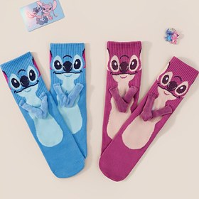 Resim Disney 1/2 Çift Stitch Elde Elde Çorap, Pembe ve Mavi Kontrastlı Orta Baldır Çorapları, Karikatür Çift Çorapları, Nefes Alabilir, Moda, Trend, Rahat ve Çok Yönlü Gençlik ve Kız Çorapları, Gençler İçin 