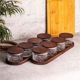 Resim Snippy Milla 10 Parça Tepsili Ahşap Vakumlu Kapaklı Cam Kahvaltılık Çok Amaçlı Cam Çerezlik 230ML 