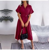 Resim Kadın Yeni Bahar Yaz Rahat Gevşek Düz Renk Dantel Up Gömlek Etek Yaka Boyun Düğmesi Elbise Bordo 