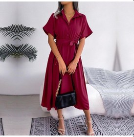 Resim Kadın Yeni Bahar Yaz Rahat Gevşek Düz Renk Dantel Up Gömlek Etek Yaka Boyun Düğmesi Elbise Bordo 