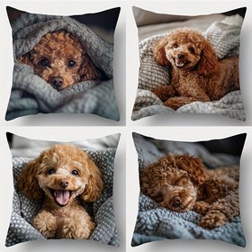 Resim 4'lü Set, Baskılı Yastık Kılıfı, Pudel Temalı, İster Battaniyede Sarınmış Olsunlar ister Ağzı Açık Gülümseyerek Uykuda Olsunlar, Evcil Hayvan Severler İçin Sıcaklık ve Eğlence Katmak için Uygun Ev Eşyası. (Yastık içi dahil değildir) 