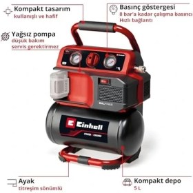 Resim Akülü Kompresör Te-Ac 18/75 Li Of-Solo Power X- (18 V, Maks. 8 Bar, 5 L Tank, 75 L/dakika Emiş Kapasitesi, 2x Basıç Göstergesi) 