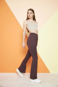 Resim Thiff Gymwear Siyah Yüksek Bel Fitilli Ispanyol Paça Interlok Örme Kadın Tayt Kahverengi 