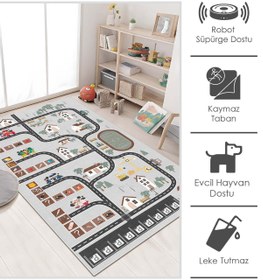 Resim West Home Oyun Halısı Makinede Yıkanabilir Kaymaz Taban Antibakteriyel Yol Desenli Çocuk Halısı 