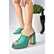 Resim Fox Shoes Yeşil Saten Kumaş Kalın Topuklu Kadın Terlik M570021204 