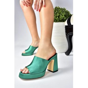 Resim Fox Shoes Yeşil Saten Kumaş Kalın Topuklu Kadın Terlik M570021204 