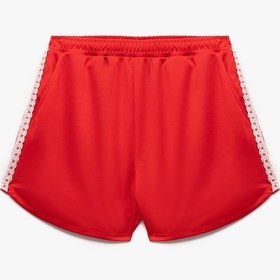 Resim Koton Dantel Detaylı Parlak Beli Lastikli Cepli Mini Şort Kırmızı 5sal40148ık Kırmızı 