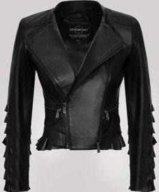 Resim Hakiki Deri Siyah Fırfırlı Fermuarlı Kadın Deri Ceket Siyah 