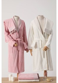 Resim Nurpak Safir Pamuklu Aile Bornoz Seti - Krem - Gül Kurusu Gül Kurusu - Krem 