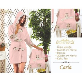 Resim Carla Pudra Bayan Fransız Dantelli Balayı Çeyizlik Bornoz Seti Pudra 
